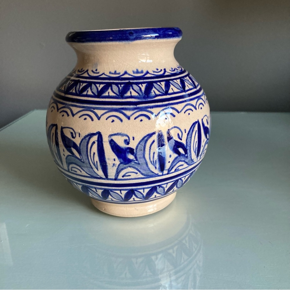 Vintage Blue & Cream Middle Eastern Pottery Vase
